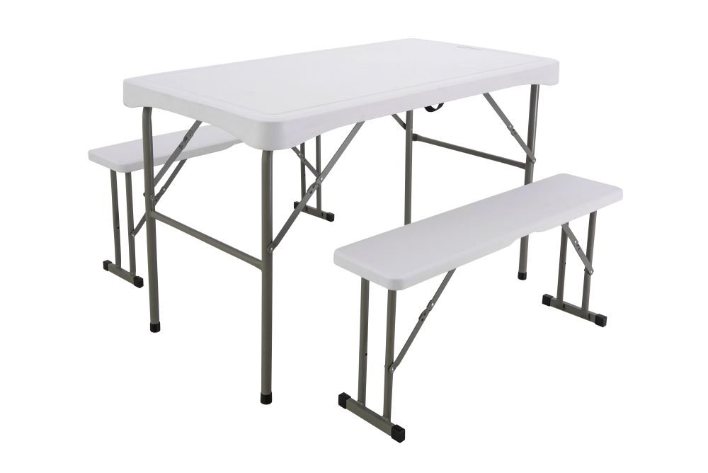 Folding Table with 2 Benches - White