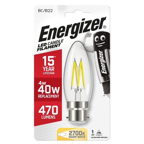 ENERGIZER 4W (40W) B22 CLEAR LED CANDLE 470LM - burkes_Hardware